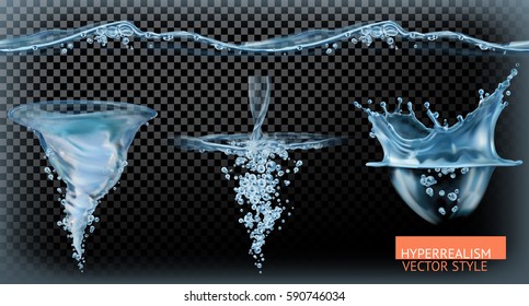 Water splash with transparency. Hyperrealism vector set