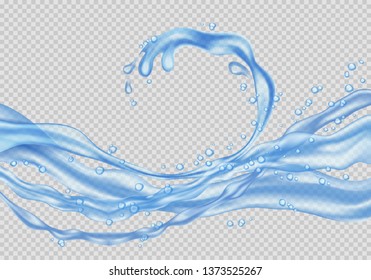 Water splash. Transparent flow of liquid with drops in light blue colors. Vector illustration.