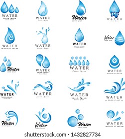 Vector De Espoleta De Agua Y Iconos De Desprendimiento - Aislados En Fondo Blanco. Colección De Iconos De Agua Plana E Iconos De Colocación Para Sitios Web, Etiquetas, Etiquetas, Plantillas De Logotipo Y Diseño De Burbujas