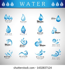 Water Splash Vector And Drop Icons Set - Isolated On Gray Background. Vector Illustration Collection Of Flat Water Splash And Drop Icons For Website, Label, Sticker, Logo Template And Bubble Design