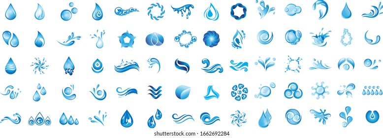 Water Splash Vector And Drop Logo Set - Isolated On White Background. Vector Collection Of Flat Water Splash and Drop Logo. Icons For Droplet, Wave, Rain, Raindrop, Company Logo And Bubble Design