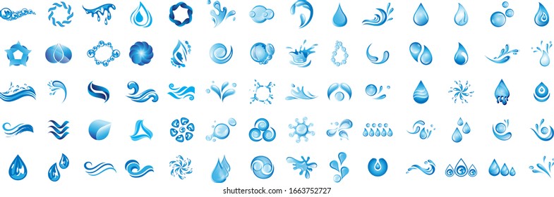 Conjunto De Logotipos De Vector De Espoleta De Agua Y De Colocación - Aislado En Fondo Blanco. Colección vectorial de la salpicadura de agua plana y el logotipo de gota. Iconos Para Droplet, Onda, Lluvia, Lluvia, Logotipo De La Empresa Y Diseño De Burbujas