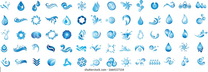 Water Splash Vector And Drop Logo Set - Isolated On White Background. Vector Collection Of Flat Water Splash and Drop Logo. Icons For Droplet, Wave, Rain, Raindrop, Company Logo And Bubble Design