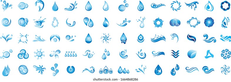 Conjunto De Logotipos De Vector De Espoleta De Agua Y De Colocación - Aislado En Fondo Blanco. Colección vectorial de la salpicadura de agua plana y el logotipo de gota. Iconos Para Droplet, Onda, Lluvia, Lluvia, Logotipo De La Empresa Y Diseño De Burbujas