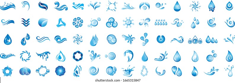 Conjunto De Logotipos De Vector De Espoleta De Agua Y De Colocación - Aislado En Fondo Blanco. Colección vectorial de la salpicadura de agua plana y el logotipo de gota. Iconos Para Droplet, Onda, Lluvia, Lluvia, Logotipo De La Empresa Y Diseño De Burbujas