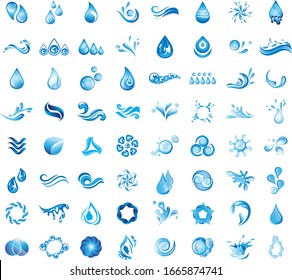 Water Splash Vector And Drop Logo Set - Isolated On White Background. Vector Collection Of Flat Water Splash and Drop Logo. Icons For Droplet, Wave, Rain, Raindrop, Company Logo And Bubble Design