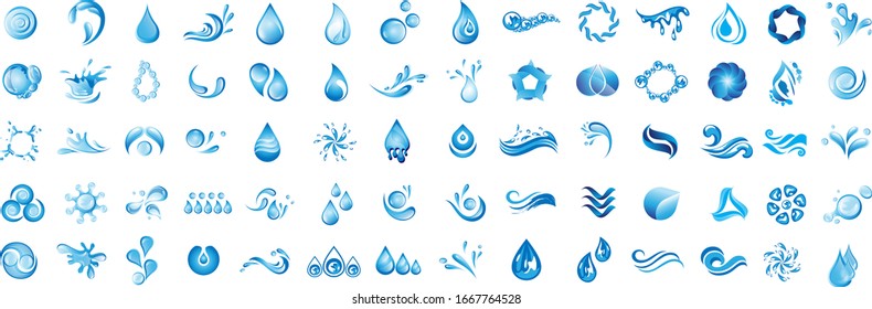 Conjunto De Logotipos De Vector De Espoleta De Agua Y De Colocación - Aislado En Fondo Blanco. Colección vectorial de la salpicadura de agua plana y el logotipo de gota. Iconos Para Droplet, Onda, Lluvia, Lluvia, Logotipo De La Empresa Y Diseño De Burbujas