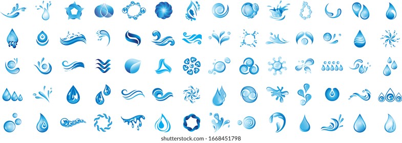 Water Splash Vector And Drop Logo Set - Isolated On White Background. Vector Collection Of Flat Water Splash and Drop Logo. Icons For Droplet, Wave, Rain, Raindrop, Company Logo And Bubble Design