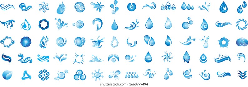 Water Splash Vector And Drop Logo Set - Isolated On White Background. Vector Collection Of Flat Water Splash and Drop Logo. Icons For Droplet, Wave, Rain, Raindrop, Company Logo And Bubble Design
