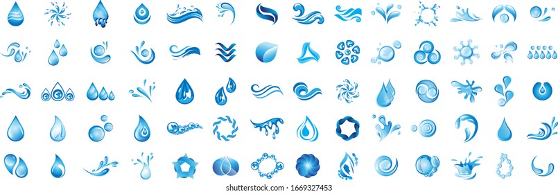 Water Splash Vector And Drop Logo Set - Isolated On White Background. Vector Collection Of Flat Water Splash and Drop Logo. Icons For Droplet, Wave, Rain, Raindrop, Company Logo And Bubble Design