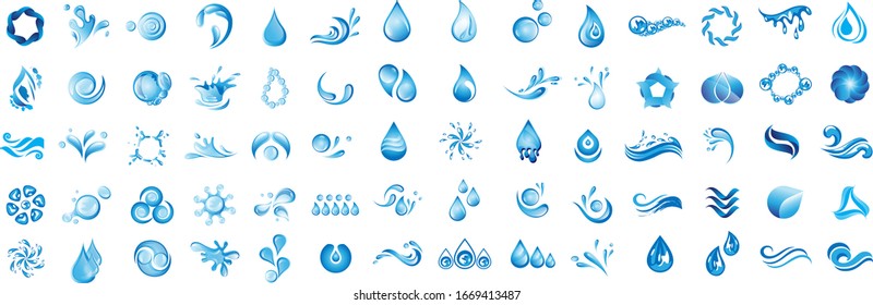 Conjunto De Logotipos De Vector De Espoleta De Agua Y De Colocación - Aislado En Fondo Blanco. Colección vectorial de la salpicadura de agua plana y el logotipo de gota. Iconos Para Droplet, Onda, Lluvia, Lluvia, Logotipo De La Empresa Y Diseño De Burbujas