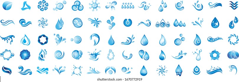 Water Splash Vector And Drop Logo Set - Isolated On White Background. Vector Collection Of Flat Water Splash and Drop Logo. Icons For Droplet, Wave, Rain, Raindrop, Company Logo And Bubble Design