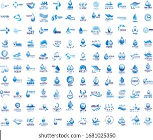 Vektorillustration und Logo für Wassertropfen - einzeln auf Weiß. Vektorillustration-Kollektion von Flachwasser-Splash und Drop-Logo. Symbole für Droplet, Water Wave, Regen, Raindrop, Firmenlogo und Blasen-Design