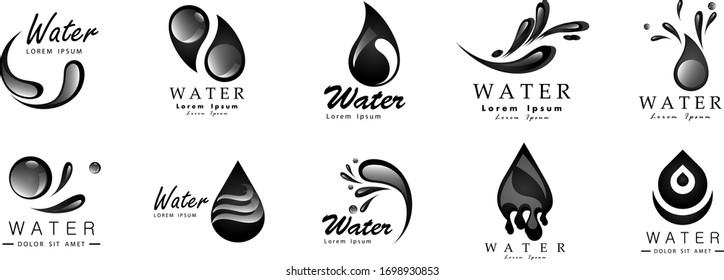 Vector De Espoleta De Agua Y Tapón - Aislado En Fondo Blanco. Colección vectorial de chapa plana de agua y logotipo de gota de aceite. Iconos Para Droplet, Ola De Agua, Lluvia, Lluvia, Lluvia, Logo De La Empresa Y Diseño De Burbujas