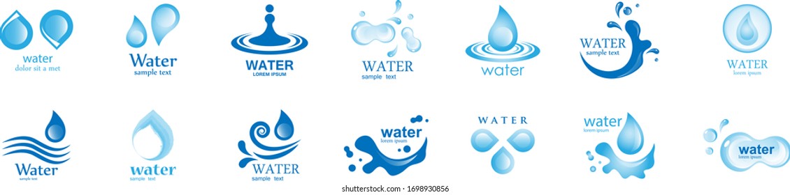 Water Splash Vector And Drop Set - Isolated On White. Vector Collection Of Flat Water Splash and Drop Logo. Icons For Droplet, Water Wave, Rain, Raindrop, Company Logo And Bubble Design