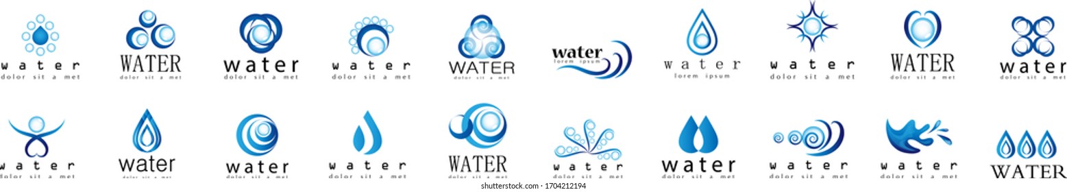 Water Splash Vector And Drop Set - Isolated On White. Vector Collection Of Flat Water Splash and Drop Logo. Icons For Droplet, Water Wave, Rain, Raindrop, Company Logo And Bubble Design