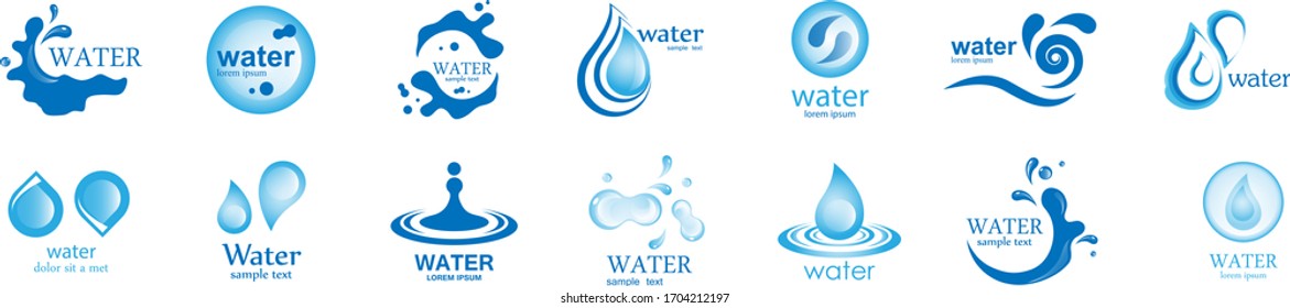 Water Splash Vector And Drop Set - Isolated On White. Vector Collection Of Flat Water Splash and Drop Logo. Icons For Droplet, Water Wave, Rain, Raindrop, Company Logo And Bubble Design