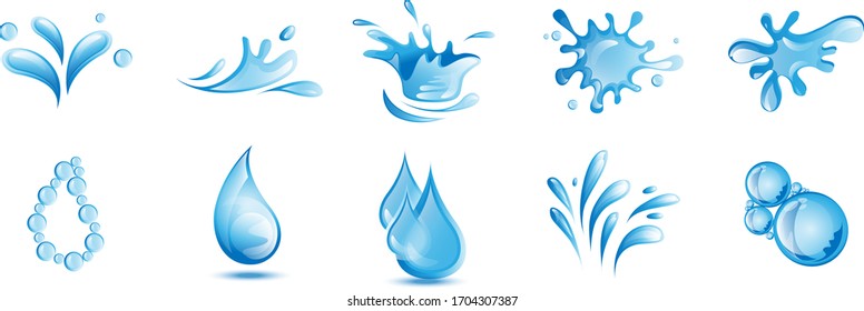 Vector De Espoleta De Agua Y Tapón - Aislado En Blanco. Colección vectorial de la salpicadura de agua plana y el logotipo de gota. Iconos Para Droplet, Ola De Agua, Lluvia, Lluvia, Lluvia, Logo De La Empresa Y Diseño De Burbujas