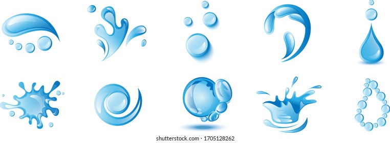 Water Splash Vector And Drop Set - Isolated On White. Vector Collection Of Flat Water Splash and Drop Logo. Icons For Droplet, Water Wave, Rain, Raindrop, Company Logo And Bubble Design