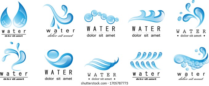 Water Splash Vector And Drop Set - Isolated On White. Abstract Vector Collection Of Flat Water Splash and Drop Logo. Icons For Droplet, Water Wave, Rain, Raindrop, Company Logo And Bubble Design