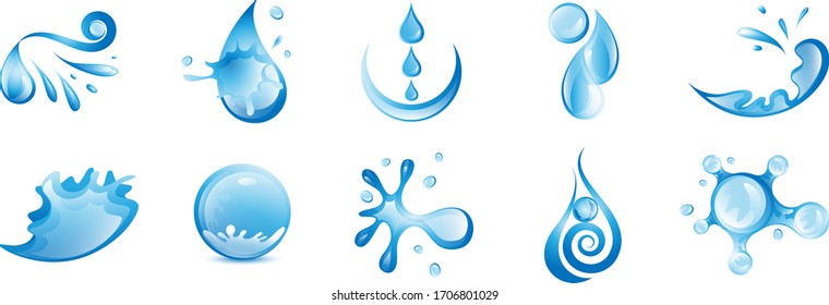 Water Splash Vector And Drop Set - Isolated On White. Vector Collection Of Flat Water Splash and Drop Logo. Icons For Droplet, Water Wave, Rain, Raindrop, Company Logo And Bubble Design