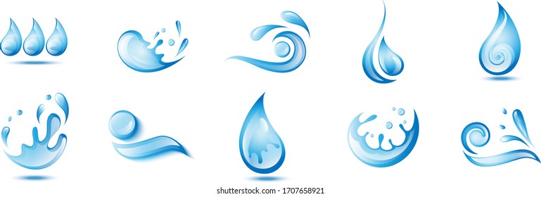 Water Splash Vector And Drop Set - Isolated On White. Vector Collection Of Flat Water Splash and Drop Logo. Icons For Droplet, Water Wave, Rain, Raindrop, Company Logo And Bubble Design