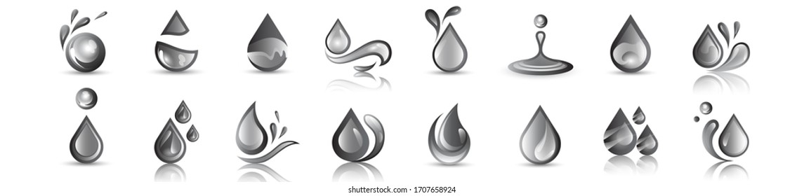 Water Splash Vector And Drop Set - Isolated On White Background. Vector Collection Of Flat Water Splash and Oil Drop Logo. Icons For Droplet, Water Wave, Rain, Raindrop, Company Logo And Bubble Design