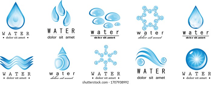Water Splash Vector And Drop Set - Isolated On White. Abstract Vector Collection Of Flat Water Splash and Drop Logo. Icons For Droplet, Water Wave, Rain, Raindrop, Company Logo And Bubble Design