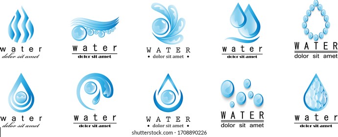Water Splash Vector And Drop Set - Isolated On White. Abstract Vector Collection Of Flat Water Splash and Drop Logo. Icons For Droplet, Water Wave, Rain, Raindrop, Company Logo And Bubble Design