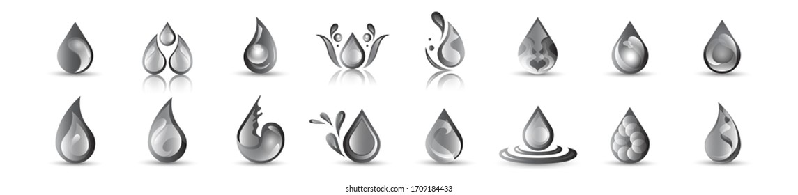 Water Splash Vector And Drop Set - Isolated On White Background. Vector Collection Of Flat Water Splash and Oil Drop Logo. Icons For Droplet, Water Wave, Rain, Raindrop, Company Logo And Bubble Design