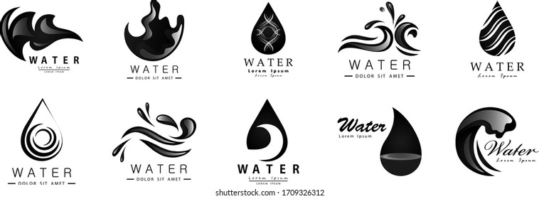 Water Splash Vector And Drop Set - Isolated On White Background. Vector Collection Of Flat Water Splash and Oil Drop Logo. Icons For Droplet, Water Wave, Rain, Raindrop, Company Logo And Bubble Design