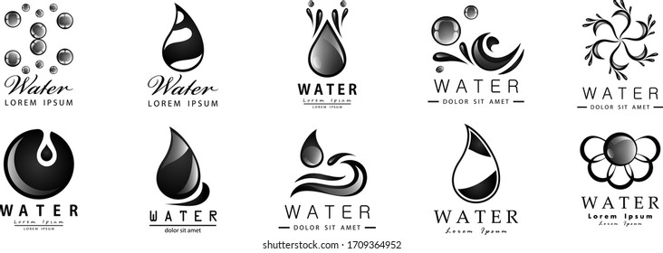 Water Splash Vector And Drop Set - Isolated On White Background. Vector Collection Of Flat Water Splash and Oil Drop Logo. Icons For Droplet, Water Wave, Rain, Raindrop, Company Logo And Bubble Design