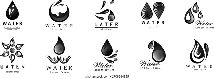 Vector De Espoleta De Agua Y Tapón - Aislado En Fondo Blanco. Colección vectorial de chapa plana de agua y logotipo de gota de aceite. Iconos Para Droplet, Ola De Agua, Lluvia, Lluvia, Lluvia, Logo De La Empresa Y Diseño De Burbujas