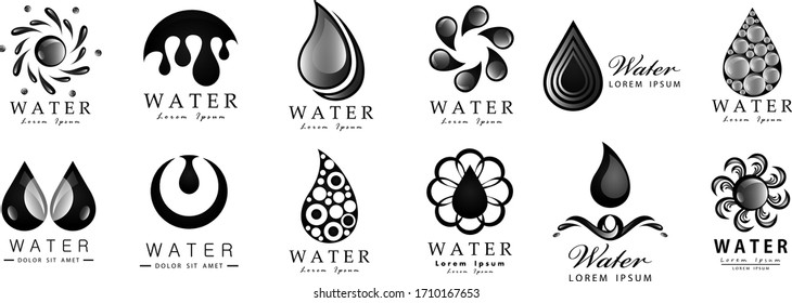 Water Splash Vector And Drop Set - Isolated On White Background. Vector Collection Of Flat Water Splash and Oil Drop Logo. Icons For Droplet, Water Wave, Rain, Raindrop, Company Logo And Bubble Design