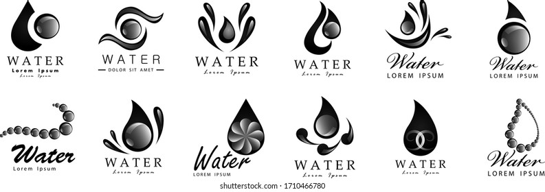 Water Splash Vector And Drop Set - Isolated On White Background. Vector Collection Of Flat Water Splash and Oil Drop Logo. Icons For Droplet, Water Wave, Rain, Raindrop, Company Logo And Bubble Design