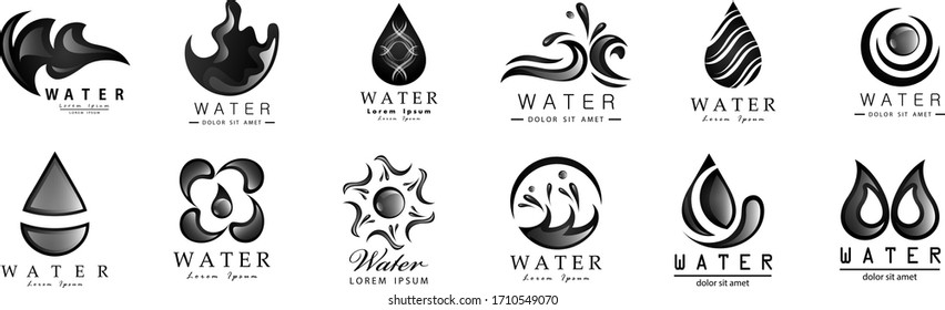 Water Splash Vector And Drop Set - Isolated On White Background. Vector Collection Of Flat Water Splash and Oil Drop Logo. Icons For Droplet, Water Wave, Rain, Raindrop, Company Logo And Bubble Design