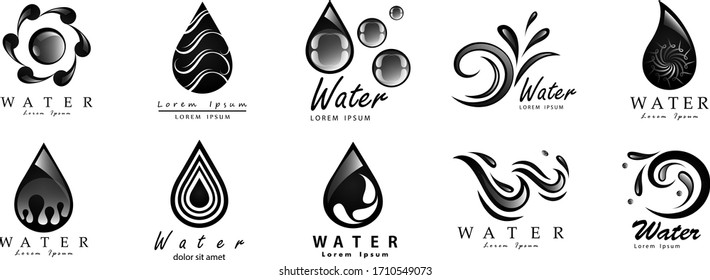 Water Splash Vector And Drop Set - Isolated On White Background. Vector Collection Of Flat Water Splash and Oil Drop Logo. Icons For Droplet, Water Wave, Rain, Raindrop, Company Logo And Bubble Design
