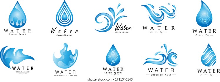 Vector De Espoleta De Agua Y Tapón - Aislado En Blanco. Colección de vectores abstractos del logotipo Esplash de agua plana y gota. Iconos Para Droplet, Ola De Agua, Lluvia, Lluvia, Lluvia, Logo De La Empresa Y Diseño De Burbujas