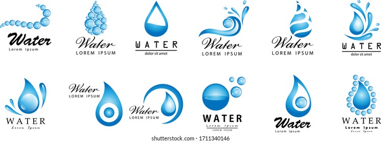 Water Splash Vector And Drop Set - Isolated On White. Abstract Vector Collection Of Flat Water Splash and Drop Logo. Icons For Droplet, Water Wave, Rain, Raindrop, Company Logo And Bubble Design