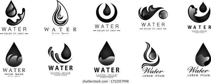 Water Splash Vector And Drop Set - Isolated On White Background. Vector Collection Of Flat Water Splash and Oil Drop Logo. Icons For Droplet, Water Wave, Rain, Raindrop, Company Logo And Bubble Design