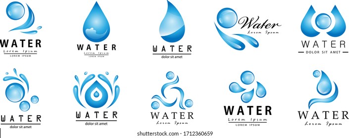 Water Splash Vector And Drop Set - Isolated On White. Abstract Vector Collection Of Flat Water Splash and Drop Logo. Icons For Droplet, Water Wave, Rain, Raindrop, Company Logo And Bubble Design