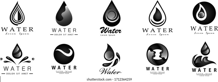 Water Splash Vector And Drop Set - Isolated On White Background. Vector Collection Of Flat Water Splash and Oil Drop Logo. Icons For Droplet, Water Wave, Rain, Raindrop, Company Logo And Bubble Design