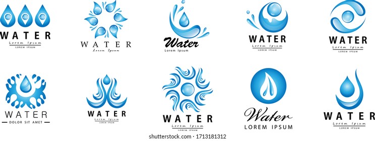 Water Splash Vector And Drop Set - Isolated On White. Abstract Vector Collection Of Flat Water Splash and Drop Logo. Icons For Droplet, Water Wave, Rain, Raindrop, Company Logo And Bubble Design