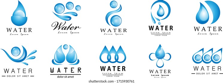 Water Splash Vector And Drop Set - Isolated On White. Abstract Vector Collection Of Flat Water Splash and Drop Logo. Icons For Droplet, Water Wave, Rain, Raindrop, Company Logo And Bubble Design