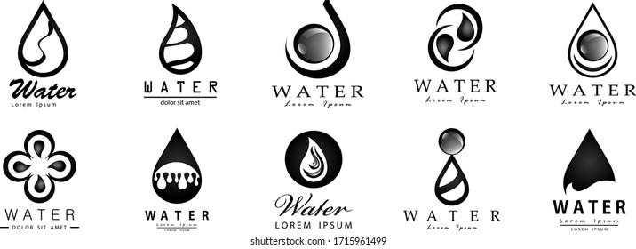 Water Splash Vector And Drop Set - Isolated On White Background. Vector Collection Of Flat Water Splash and Oil Drop Logo. Icons For Droplet, Water Wave, Rain, Raindrop, Company Logo And Bubble Design