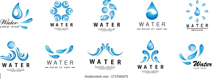 Water Splash Vector And Drop Set - Isolated On White. Abstract Vector Collection Of Flat Water Splash and Drop Logo. Icons For Droplet, Water Wave, Rain, Raindrop, Company Logo And Bubble Design