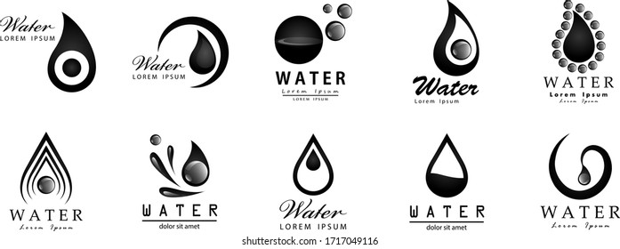 Water Splash Vector And Drop Set - Isolated On White Background. Vector Collection Of Flat Water Splash and Oil Drop Logo. Icons For Droplet, Water Wave, Rain, Raindrop, Company Logo And Bubble Design