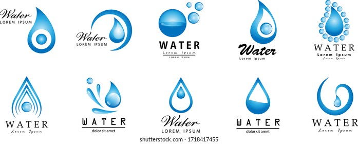 Vector De Espoleta De Agua Y Tapón - Aislado En Blanco. Colección de vectores abstractos del logotipo Esplash de agua plana y gota. Iconos Para Droplet, Ola De Agua, Lluvia, Lluvia, Lluvia, Logo De La Empresa Y Diseño De Burbujas