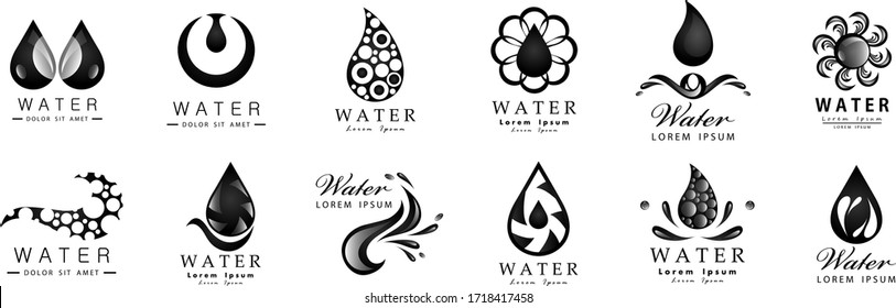 Water Splash Vector And Drop Set - Isolated On White Background. Vector Collection Of Flat Water Splash and Oil Drop Logo. Icons For Droplet, Water Wave, Rain, Raindrop, Company Logo And Bubble Design
