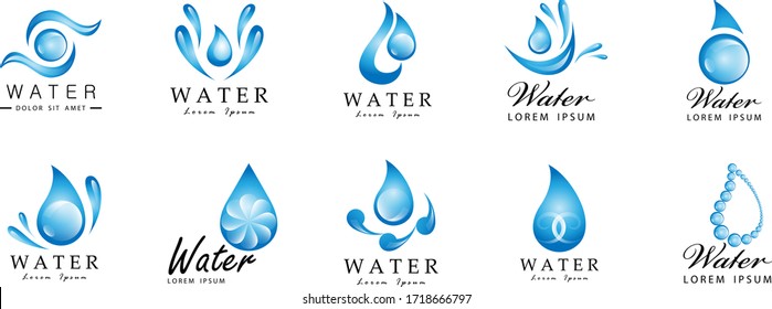 Water Splash Vector And Drop Set - Isolated On White. Abstract Vector Collection Of Flat Water Splash and Drop Logo. Icons For Droplet, Water Wave, Rain, Raindrop, Company Logo And Bubble Design